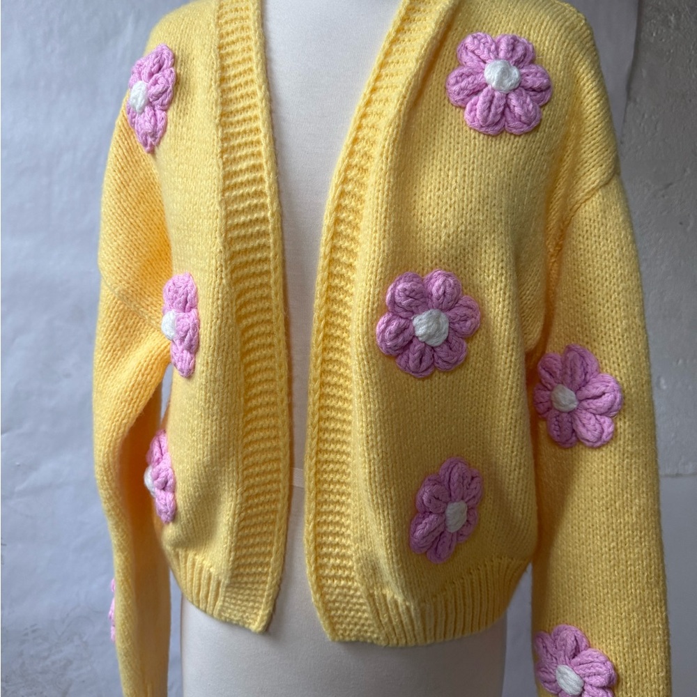 Yellow Floral Knit Puff Bubble Sleeve Cardigan Mure + Grand
